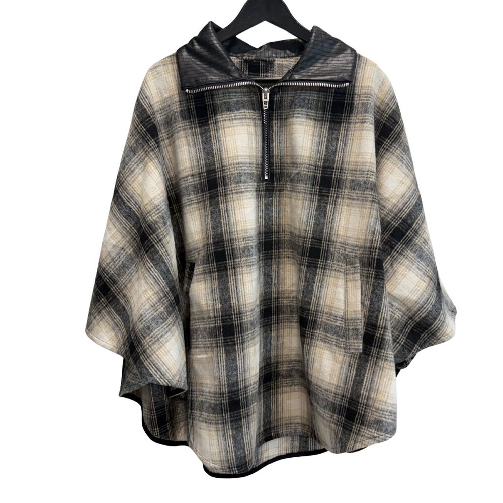 Blank NYC Plaid Check Zip Collared Poncho with Pockets One Size